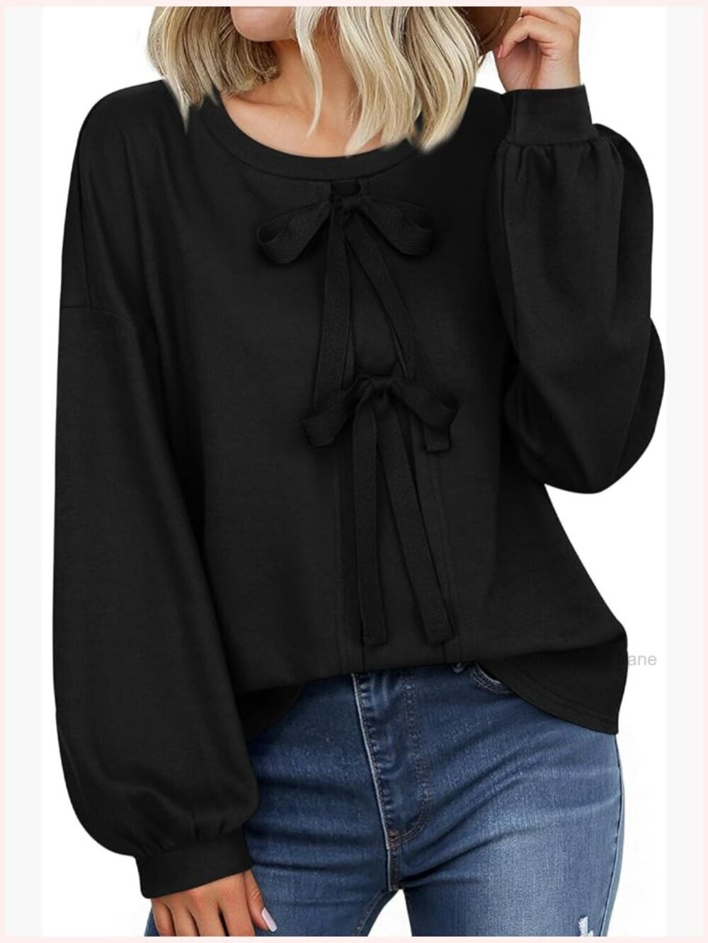 Women's Tie Front Tunic Long Lantern Sleeve Crewneck Sweatshirt